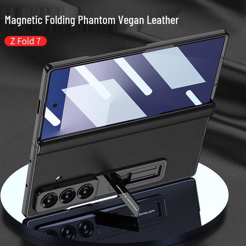Samsung Z Fold7 Electroplated Leather Magnetic Case with Bracket - Anti-drop Protective Cover
