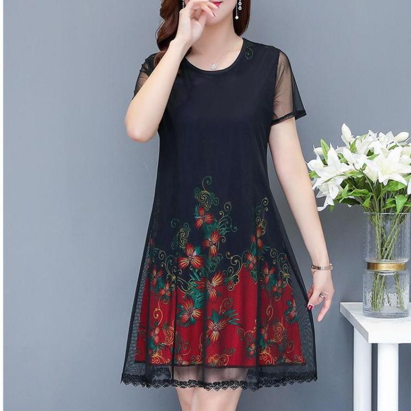 Mid-length Plus Size Printed Over-the-knee Dress Round Thin Chiffon Neck Short Sleeve Mom A-line Skirt