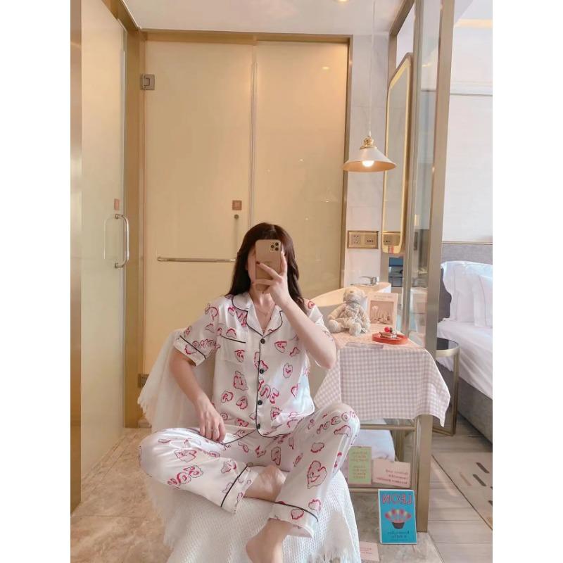 2Pcs/set Women's Pajamas Autumn and Winter Silk Cardigan Printing Loose Short-sleeved Trousers College Students Homew