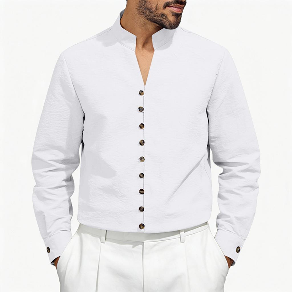 Men's Low Round Neck Tang Button Up Shirt Loose And Casual Jacket