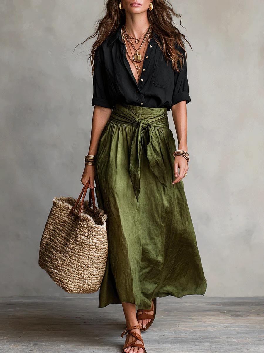 Summer Spring Color Block Women Casual Fashion Half-Length Skirt Shirt Two-Piece Set S чёрный