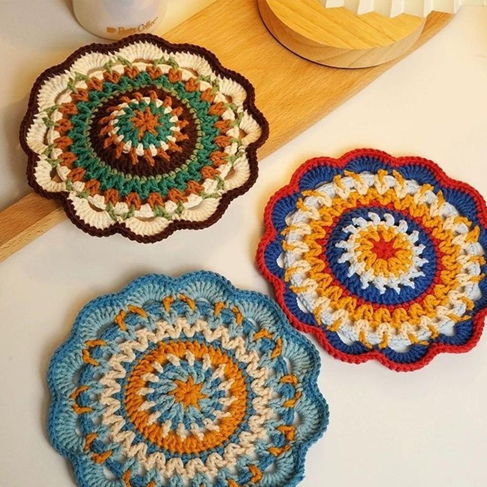 Mandala Pattern Coasters Set DIY Material Package Handmade Mandala Drink Coasters with Crochet Hook for Adults and Beginners