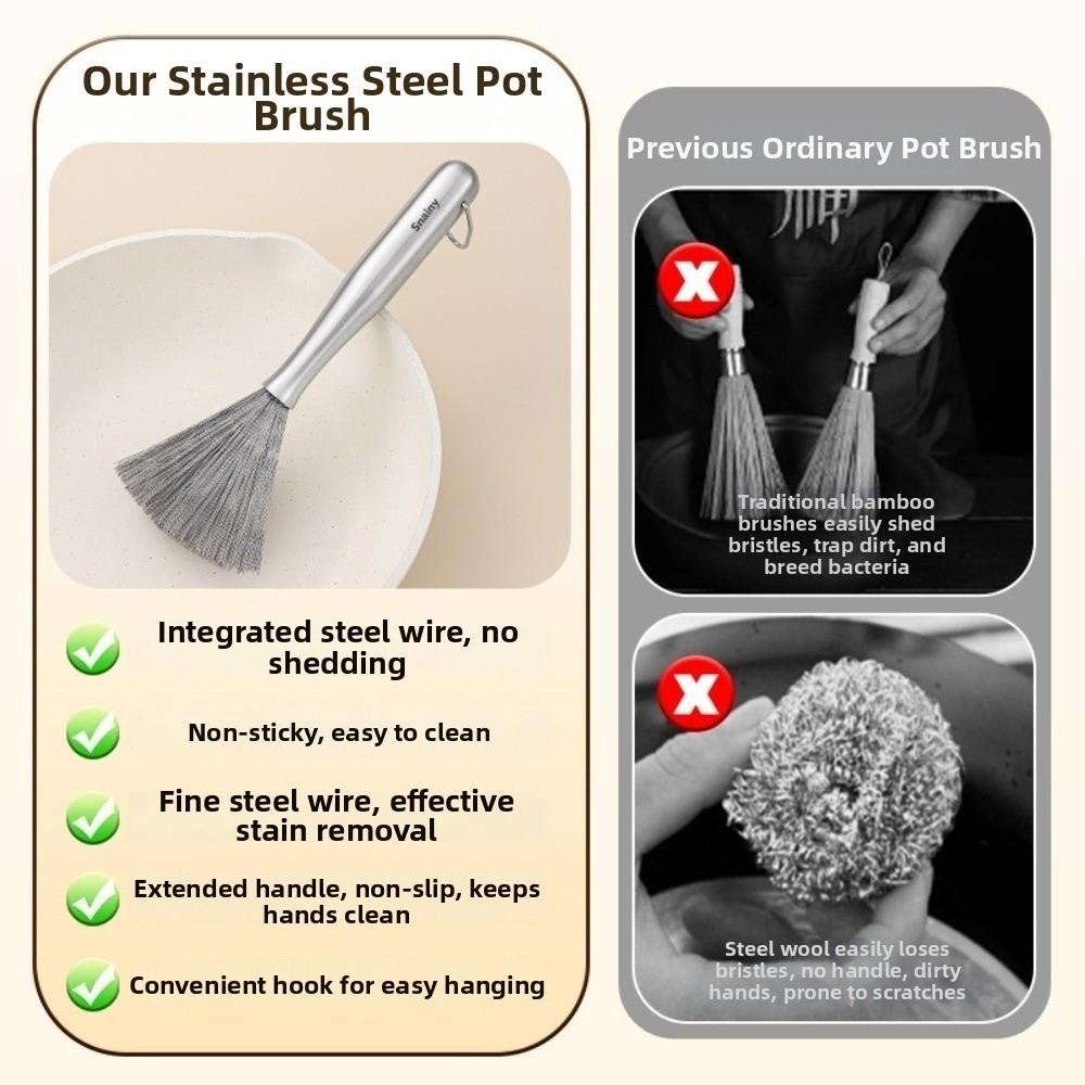 Stainless Steel Kitchen Cleaning Brush Long Handle Anti-Rust Dish Washing Brush One-piece Molded Steel Wire Pot Cleaning Tool