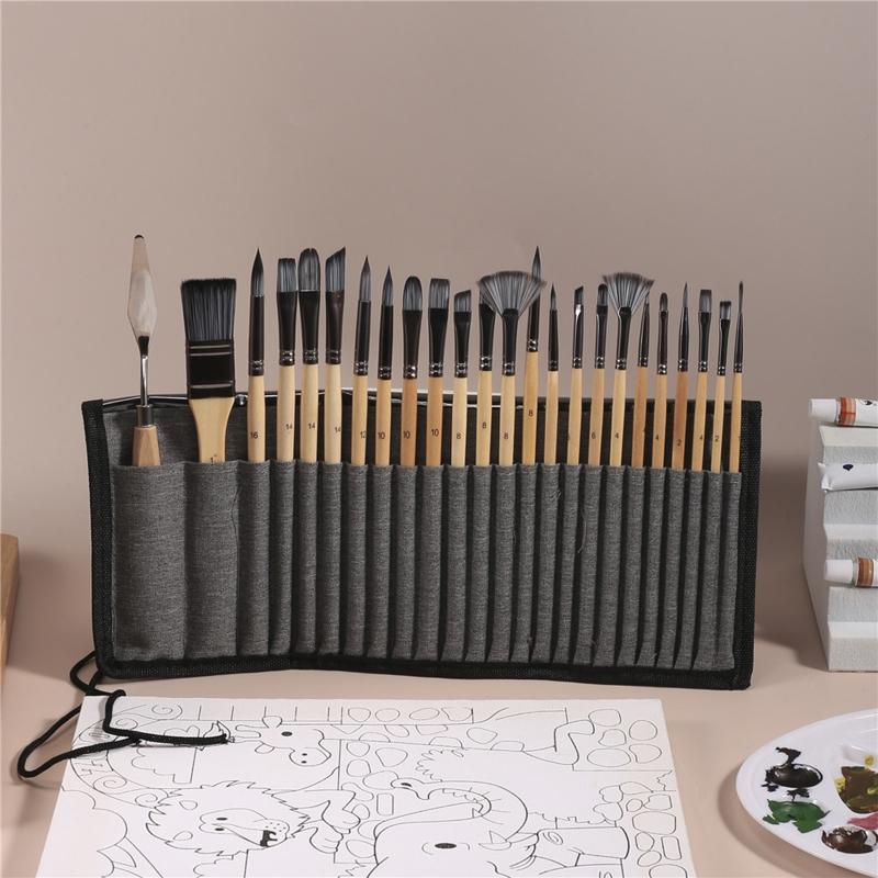 24x Acrylic Painting Brushes Scraper with Cloth Bag Artist Paintbrushes for Canvas Kid Adult Drawing Art Craft Supplies