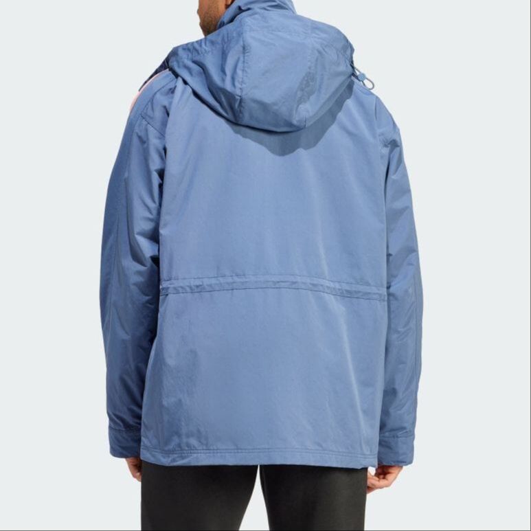 Adidas Originals Jachetă de vânt cu glugă cu mâneci lungi cu fermoar pentru bărbați, îmbrăcăminte exterioară albastră IR9397