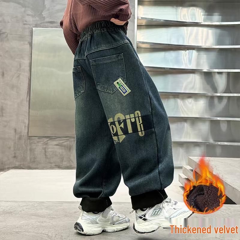 2025 Autumn/Winter Boys' Fleece-Lined Thick Jeans - Trendy & Warm One-Piece Pants for Kids