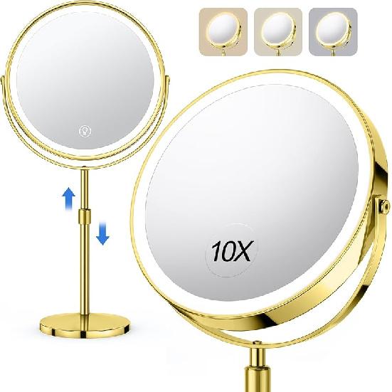 Lighted Makeup Mirror, Rechargeable Height Adjustable Double Sided, 1x/10x Magnifying with 3 Color, Brightness Adjustable, 360° Rotation Vanity,