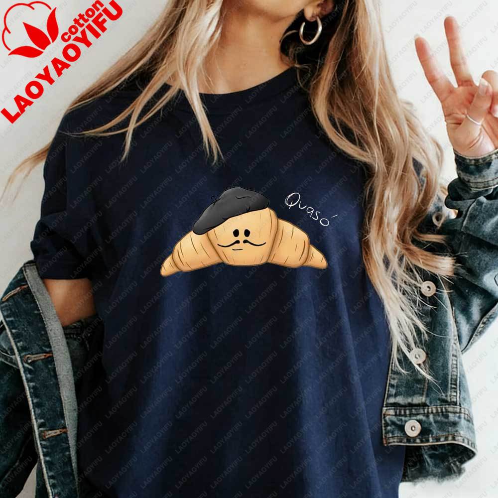 Funny French Croissant Qvaso Graphic TShirt Cute Cartoon Food Casual Cotton Short Sleeve Tshirt for Women Summer Aesthetic Tops