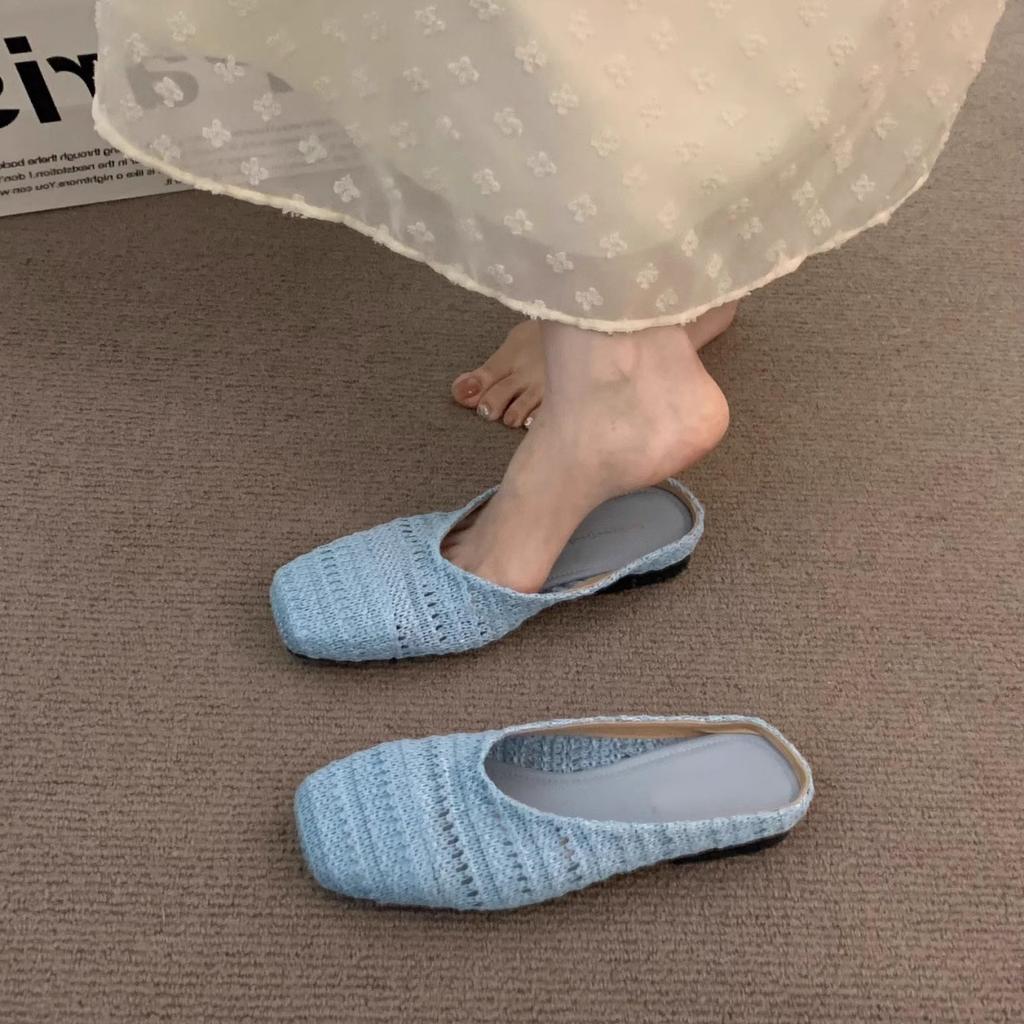 Fashion 2025 Women Mules Slippers Female Summer Flats Sandals Knit Fabric Stretch Slides Holiday Beach Shoes Square Heel Square Toe Flat