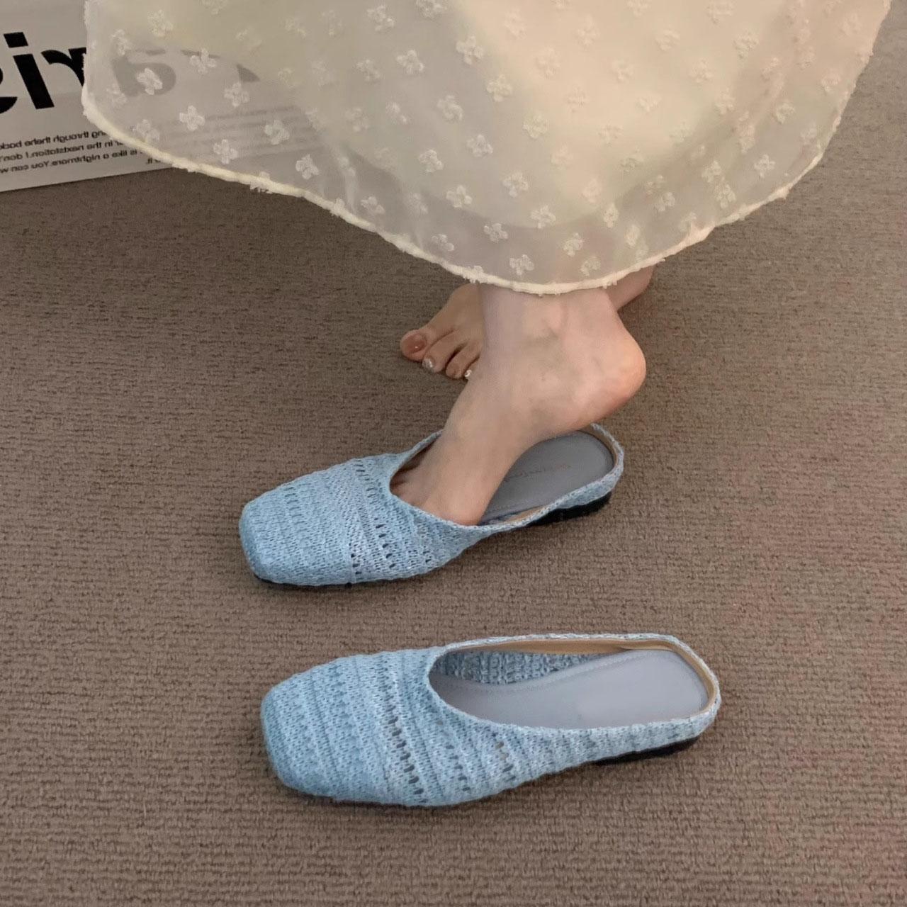 

Fashion 2025 Women Mules Slippers Female Summer Flats Sandals Knit Fabric Stretch Slides Holiday Beach Shoes Square Heel Square Toe Flat 35 синий