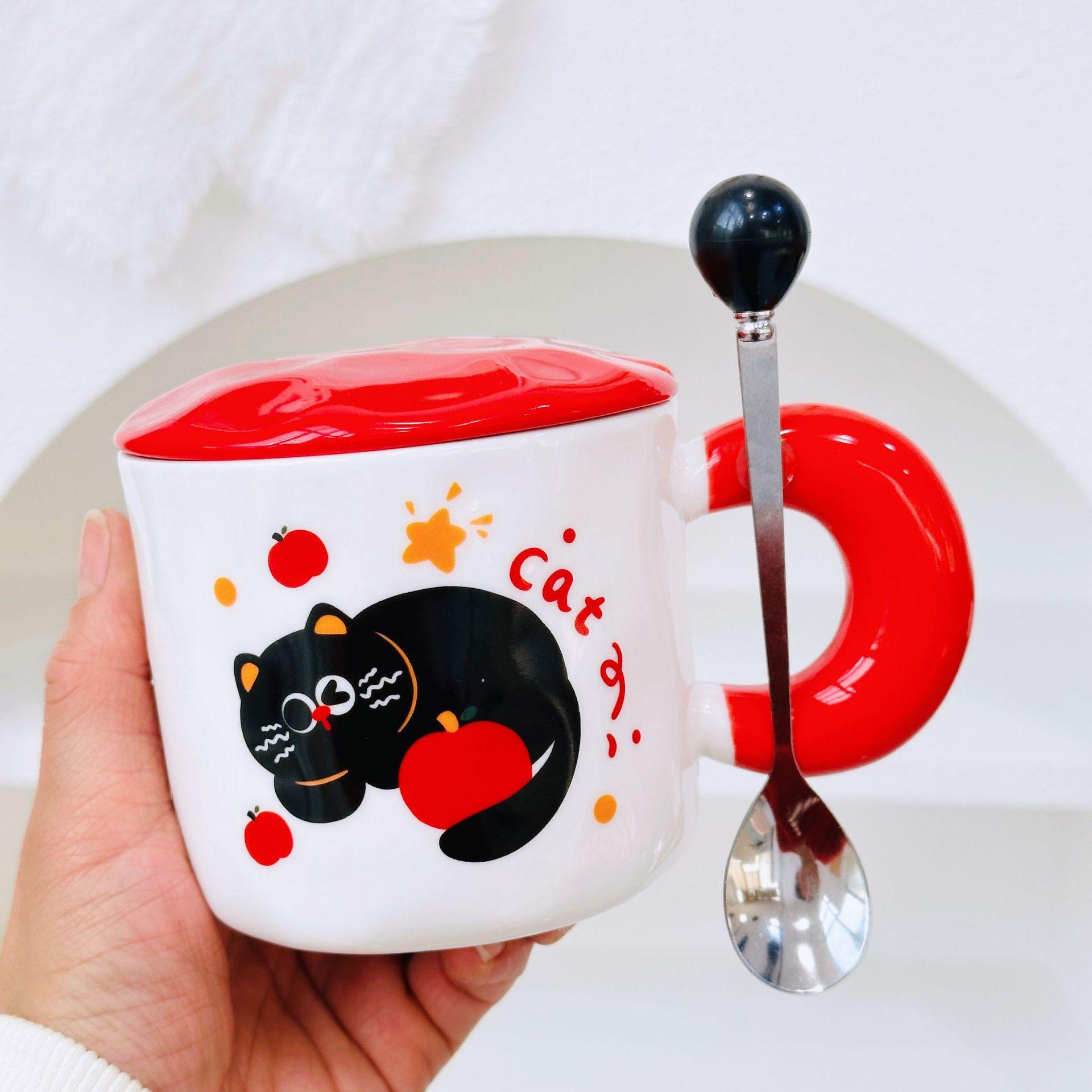 

Яблоко Кот с крышкой Милая персонализированная кружка Милая высокоценная керамическая чашка большой вместимости Парная чашка для воды Подарок 350ML