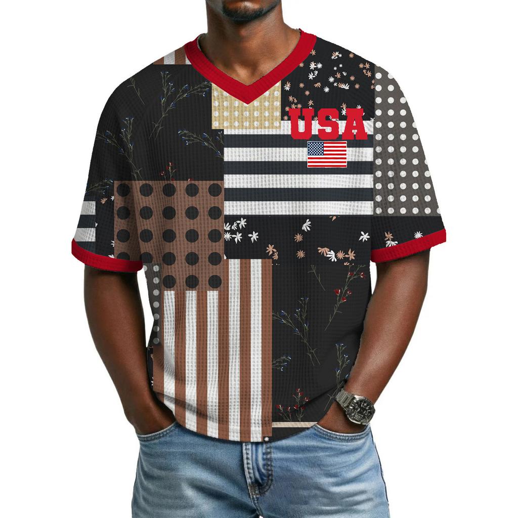 Men's Casual And Fashionable Flag-color Printed Short-sleeved Shirt. Men's Breathable V-neck Short-sleeved Shirt.