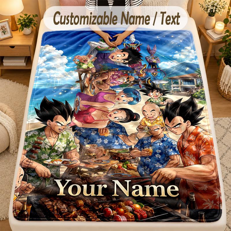 Flannel BlanketDragon Ball Custom Name Text Personalized Soft Warm Throw Blanket Home Decor Gift