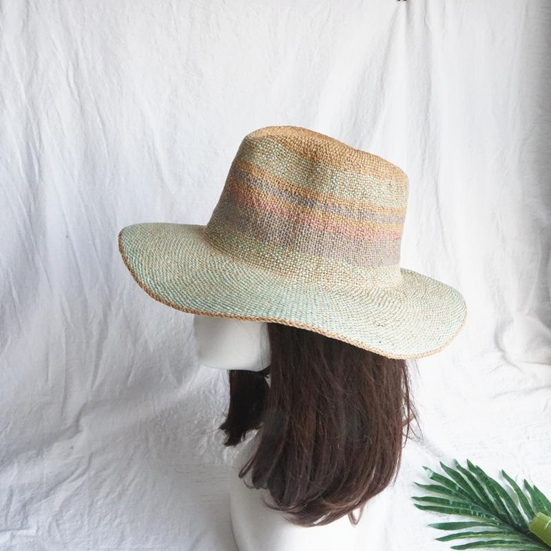 

Korea Foreign Trade Retro Summer Women S Green Wide Brim Wave Panama Jazz Top Hat Shading Sun Protection Beach Straw Hat M（56-58cm）