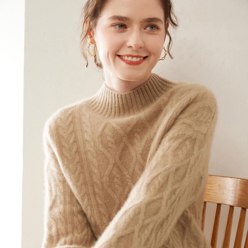 Versatile Women's Cashmere Cable Knit Sweater - Loose Slimming, Half-High Neck, Warm Base Layer