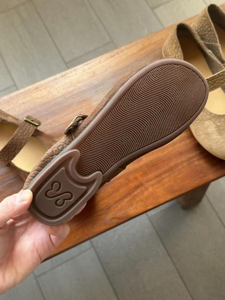 Johnature Genuine Leather Soft Soled Flats Retro Shallow Soft Cowhide Buckle Strap Women's Shoes