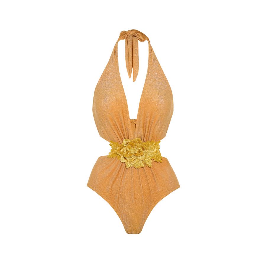 Jednokolorowy Błyszczący Kostium Kąpielowy Jednoczęściowy z Wycięciami i Długim Rękawem 2023 - Nowy Styl Europejski i Amerykański