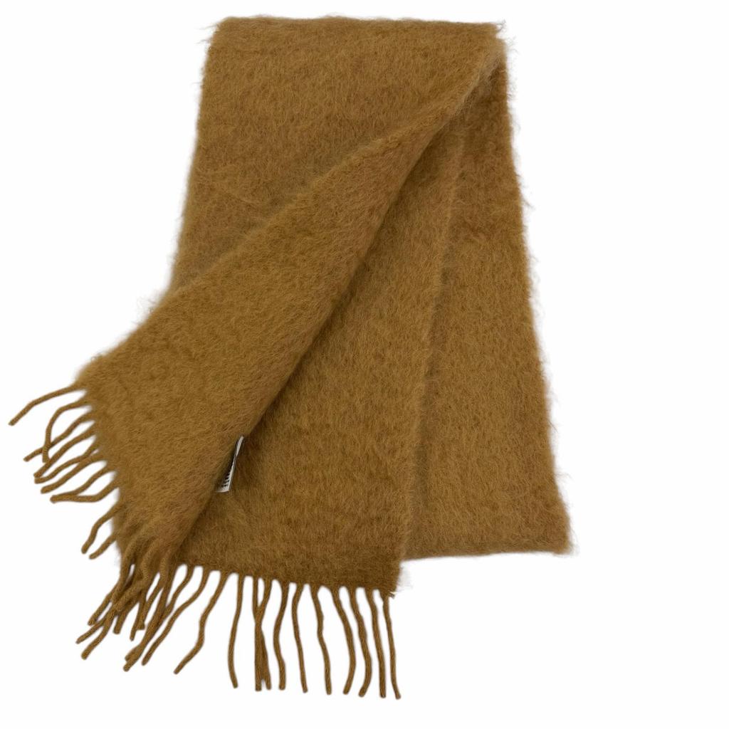 Excellent LOEWE Scarf Anagram Leather Logo Patch with Fringe Brown Mohair Women Used