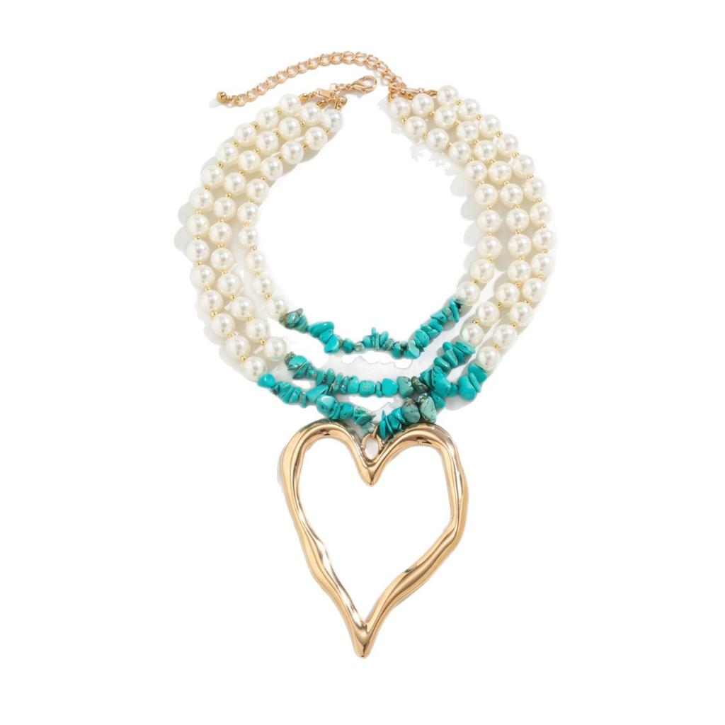 European and American Big Love Turquoise Necklace Women's Niche Beaded Imitation Pearl Collarbone Chain Retro High-end Necklace