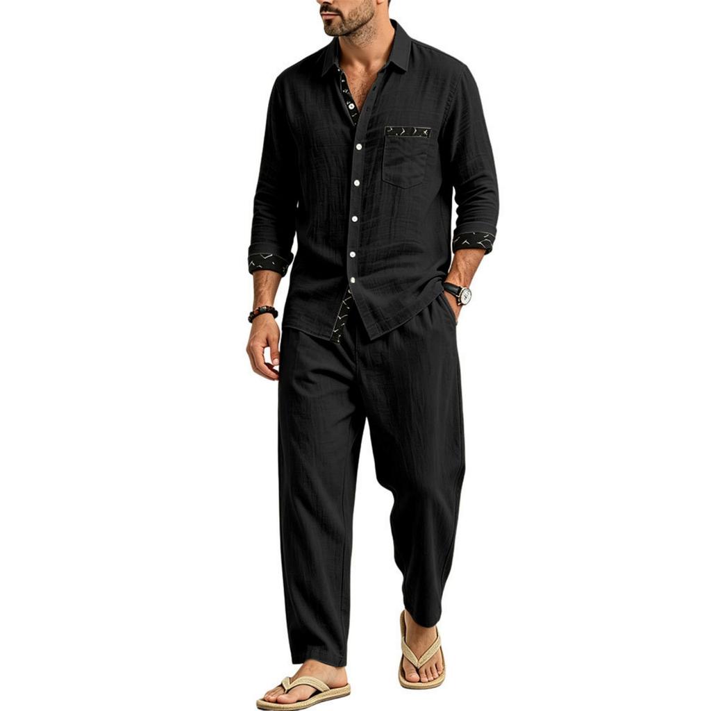 Men's Linen 2-Piece Outfit Lightweight Breathable Color Block Shirt and Straight Leg Pants Loose Fit Casual Set