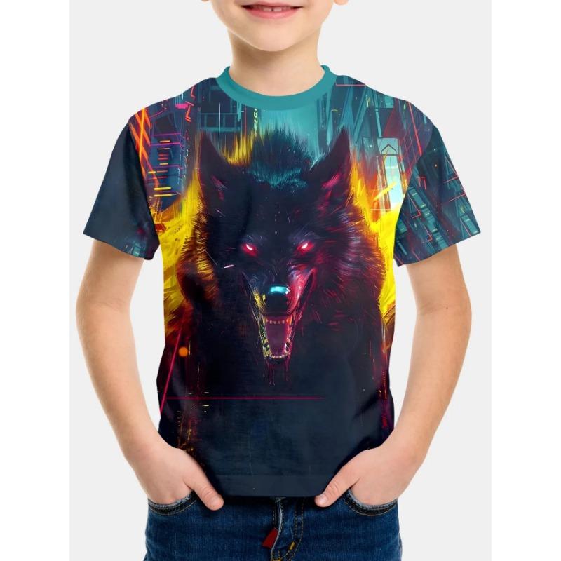 Animal Wolf Pattern 3d Printe Children's Tops Summer Boy's Round Neck Casual Short Sleeve Kids Clothes T Shirt