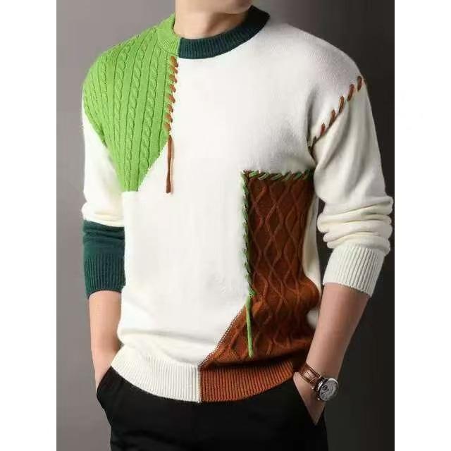 

Men s Splicing Contrasting Color Autumn and Winter Sweater Knitted Sweater Teen Base Loose Lazy Thickened Warm Trend Sweater 3XL зелений