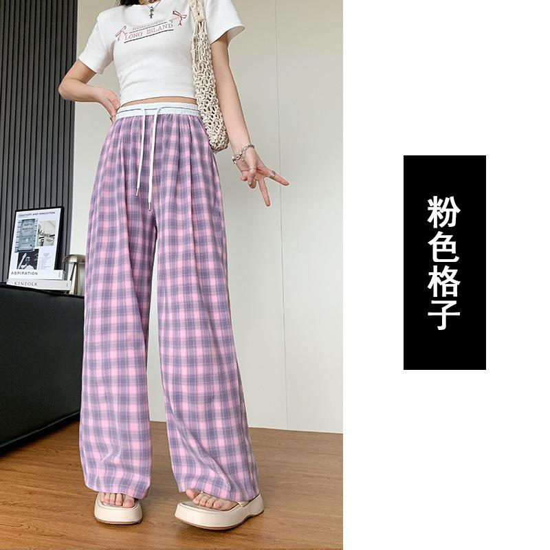 

Клетчатые брюки женские весна и осень новые с высокой посадкой драпирующиеся прямые повседневные свободные x ленивый стиль широкие брюки XL [Recommended 120-70kg]