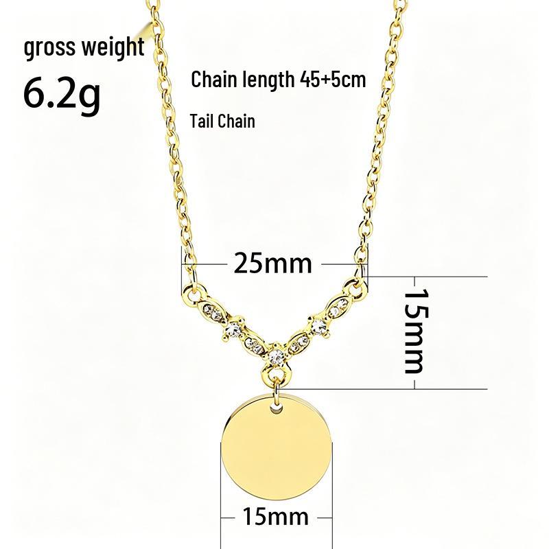 Laser UV Diamond V-Pendant Round Plate Stainless Steel Necklace