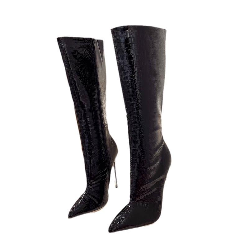 Fashion Sexy Stone Pattern Knee-High Boots for Women Shoes Pointed Toe Gladiator Long Thigh Thin HIgh Heled Knight Botas Botines