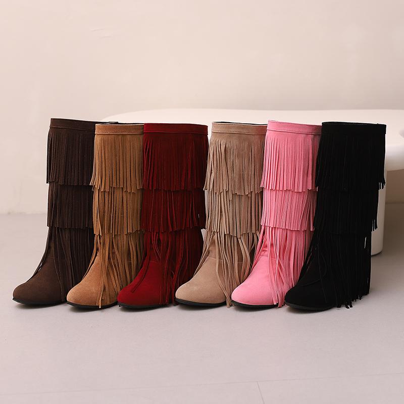Plus Size Frosted Suede Material Three Sections Of Tassels Fine Stripes Flat Bottomed Sloping Heels Retro Midsole Boots