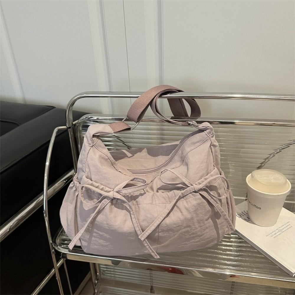 Pleated Nylon Shoulder Bag Multiple Pockets Hobo Bag Sweet Bow Crossbody Bag Women