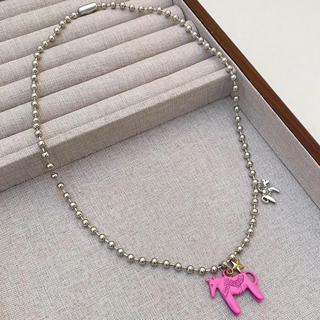 Funny Cute White Black Pink Color Enamel Colt Horse Pendant Necklaces for Women Alloy Beads Chain Chokers Fashion Jewelry