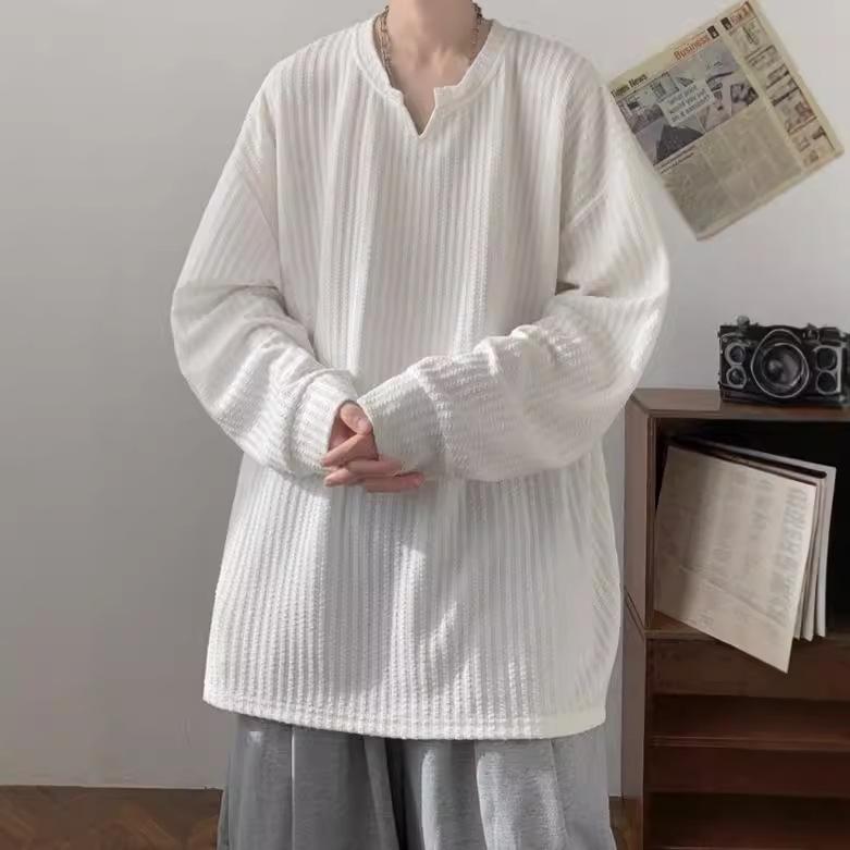 Autumn Korean Streetwear T-shirt for Men Fashion Brand Hip Hop Baggy Tops Casual Solid Color Male Loose Long Sleeve Tees