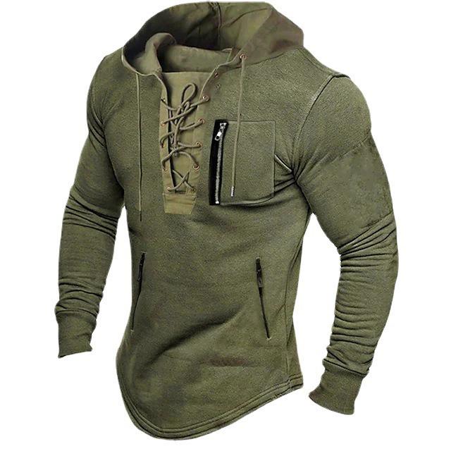 2024 Men's Solid Color Lace-Up Zipper Pocket Hoodie - Spring/Autumn Sports Streetwear