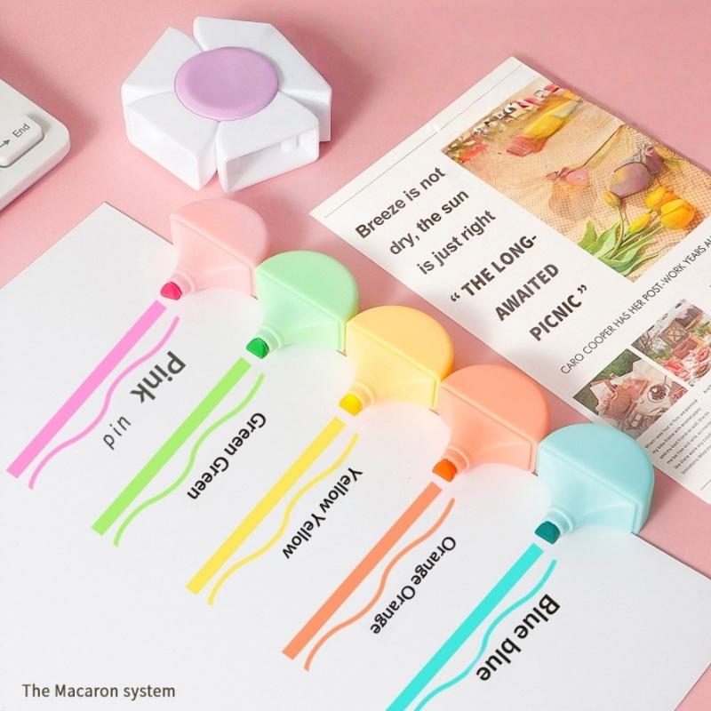 1Pcs Flower Shape Watercolor Colors 5-In-1 Fluorescent Pens Fingertip Spiral Highlighter Pen For School Office Stationery
