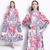 Spring Autumn Women Vintage Print Flower Runway Dresses Plus Size Stand Collar Single Breasted Oversized Loose Long Maxi Holiday Seaside Dress