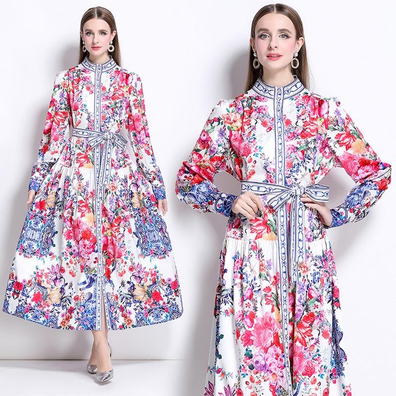 Spring Autumn Women Vintage Print Flower Runway Dresses Plus Size Stand Collar Single Breasted Oversized Loose Long Maxi Holiday Seaside Dress