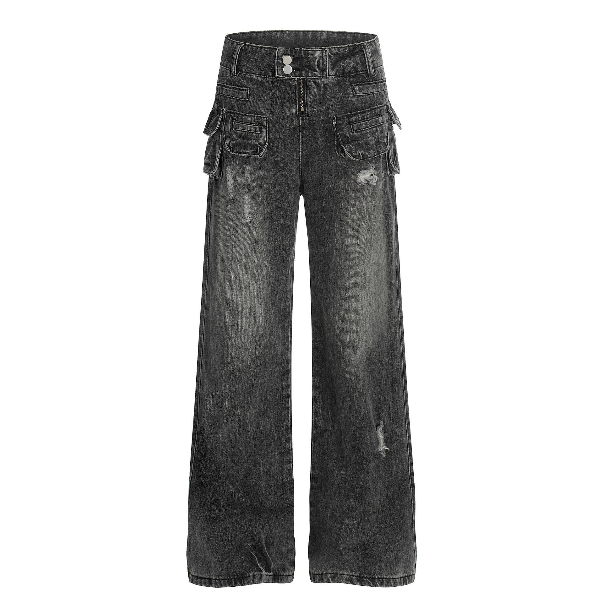 2000s Spicy Girl Style Low-Rise Washed Micro Flare Floor-Length Ripped Jeans Extra Large чёрный