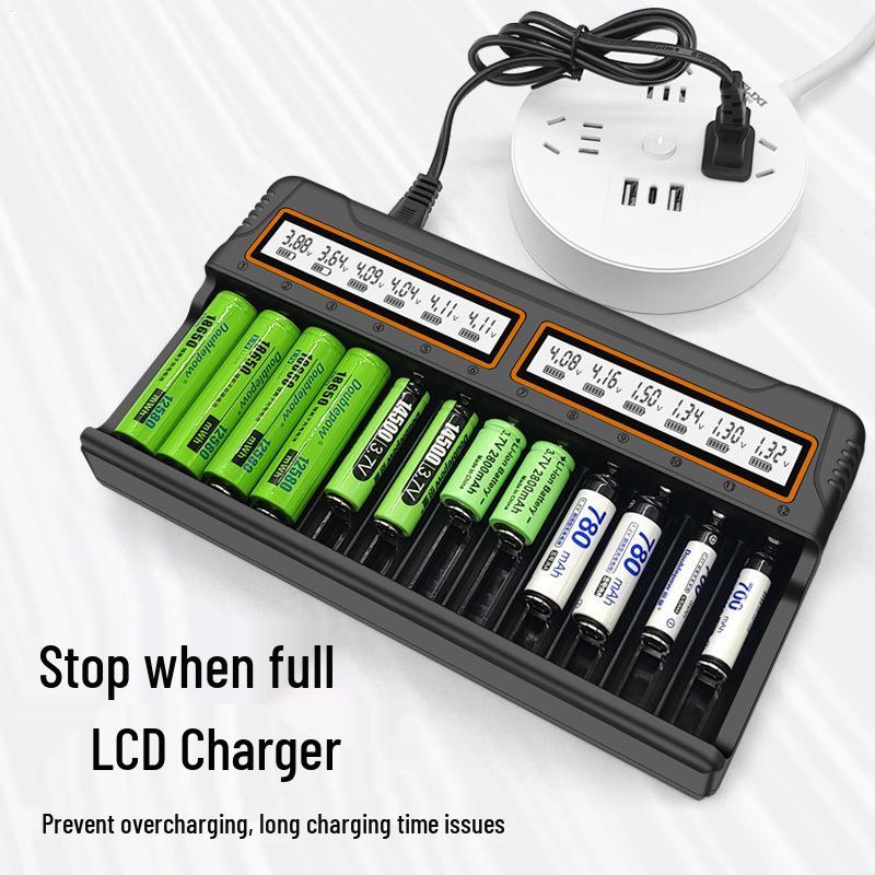 12-Slot Smart Charger for 18650, AA, AAA 3.7V Lithium Batteries with Universal Display