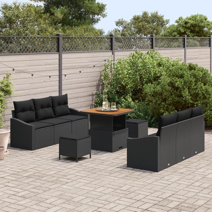Ensemble de Canapés de Jardin 9 pièces avec Coussins Noir Rattan Poly Acacia, Canapé de Jardin 2 places avec Coussins Noir 3362604