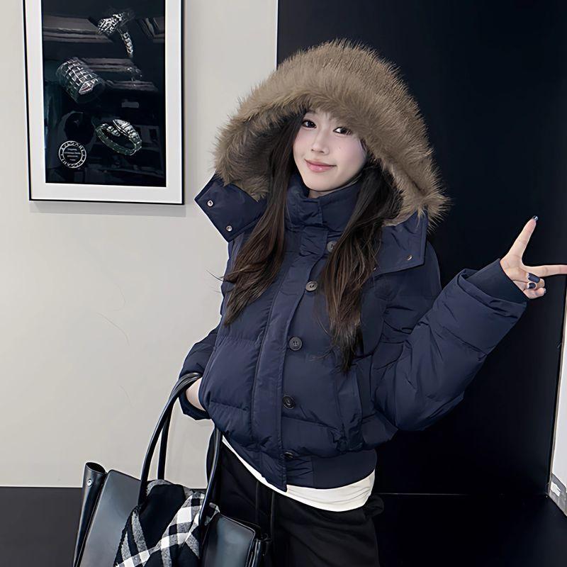 New Winter Cotton Coat Hooded Fur Collar Cotton Coat for Women Thickened Navy Blue Slim Short Cotton Jacket