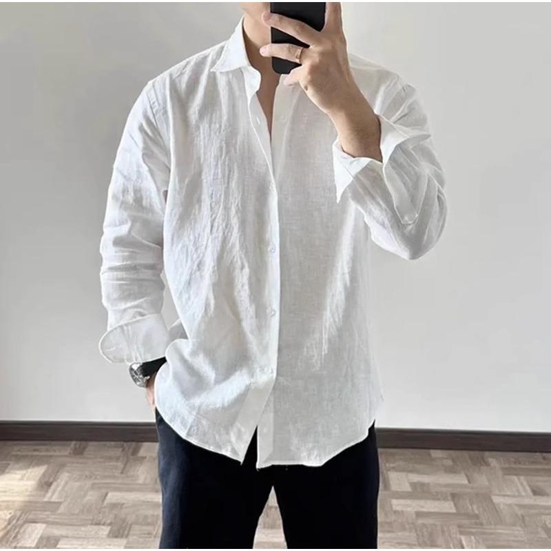 Men Loose Breathable Solid Color Long Sleeve Casual Linen Shirt