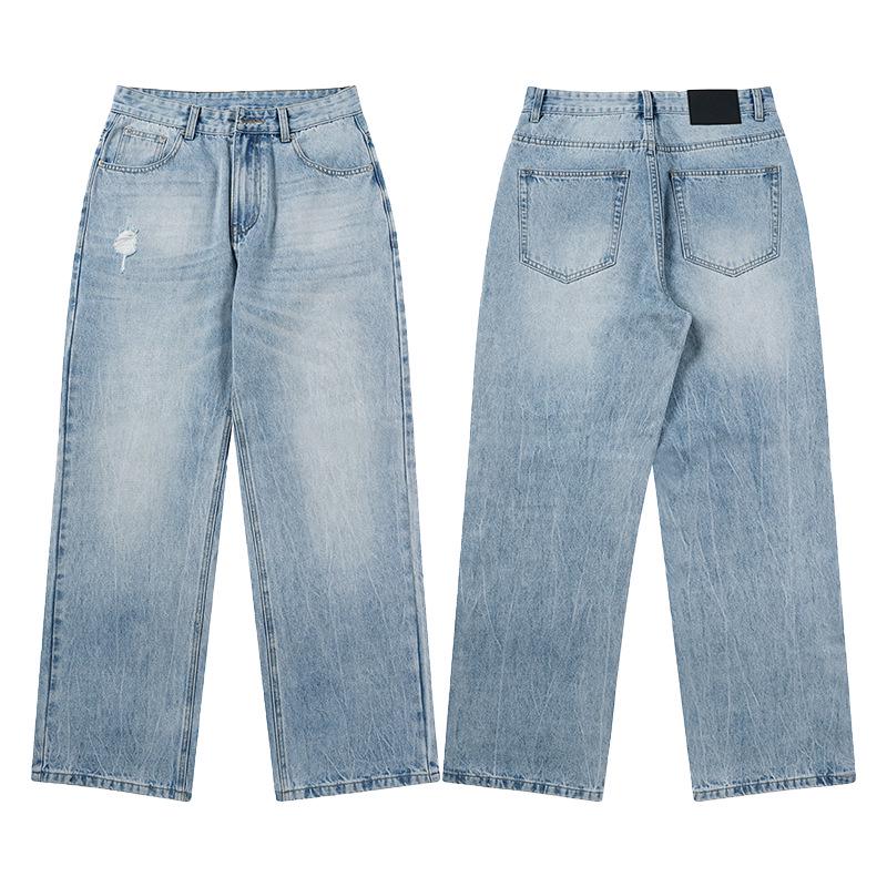 LKTM Men's Retro Washed Ice Blue Jeans - High-End, Versatile, Loose-Fit, Ripped Style