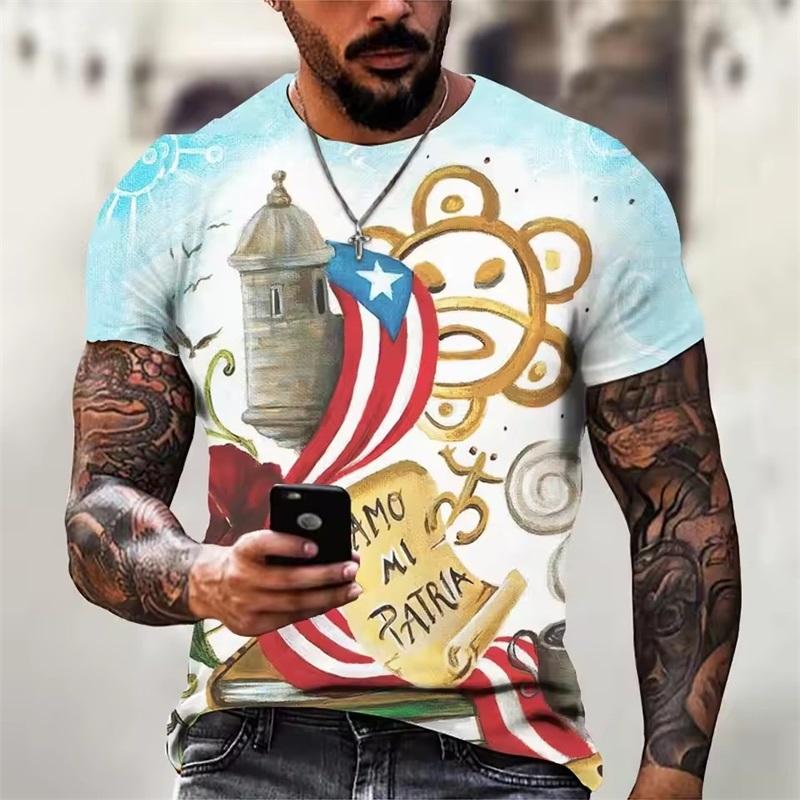 Summer Round Neck Puerto Rico Flag Pattern 3D Print Top Fashionable Casual Short Sleeved Men's T-shirts