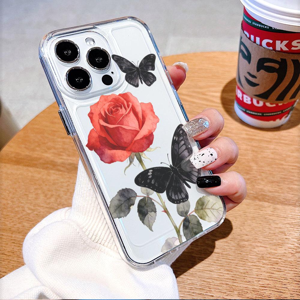 Red Rose with Black Butterflies lucency Phone Case for IPhone 14 15 16 13 12 11 17 Pro Max 12 13 Mini Soft Cover