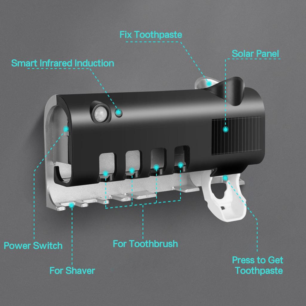Toothbrush Sanitizer Holders with UV Rays Rechargeable Solar Power Automatic Toothpaste Dispenser Wall Mount Toothbrush Organizer