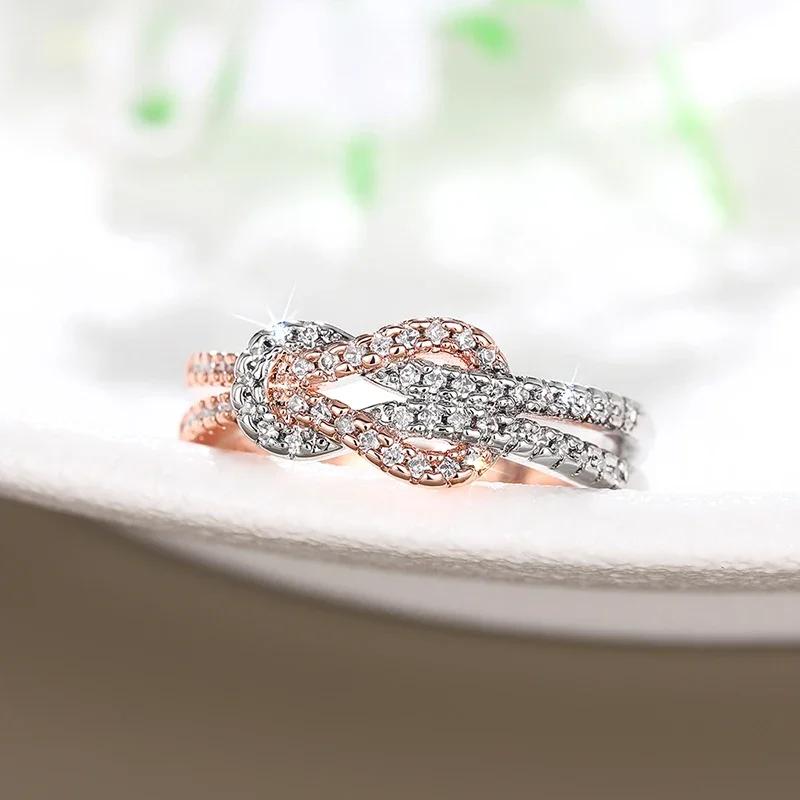 Huitan Trendy Knot Rings Luxury Gorgeous Two-tone Finger Accessories for Women Sparkling Cubic Zirconia Eternal Wedding