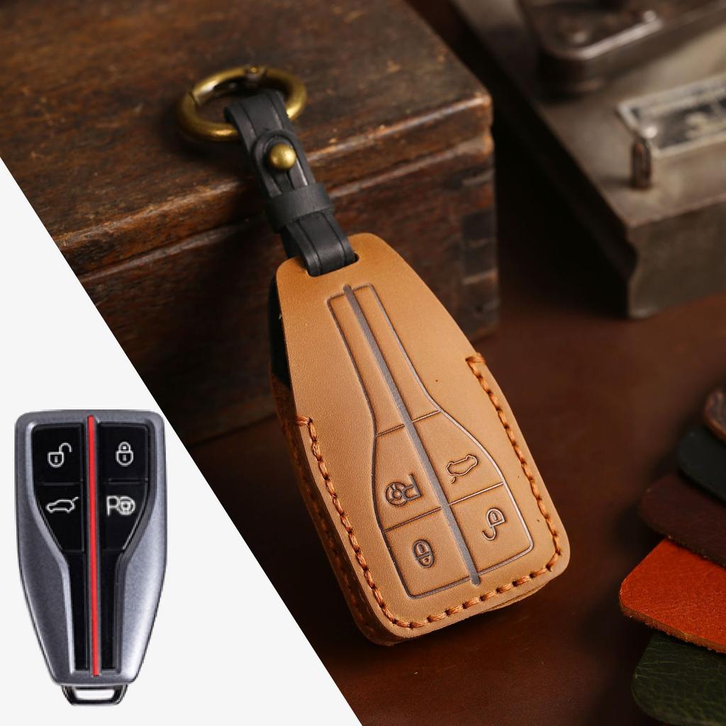 Handmade Car Key Cover, Suitable for Red Flag Key Bag H5H7H9Hs7Hs9 First-layer Crazy Horse Leather Key Cover.