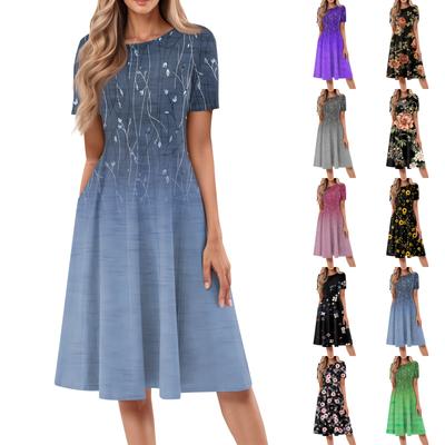 Kadın Günlük Moda Yuvarlak Yaka Kısa Kollu Baskılı Midi Elbise