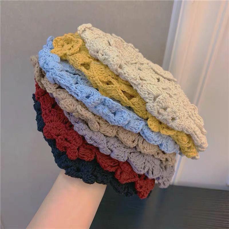 Dámský ručně pletený jarní letní korejský styl pletený tenký dutý prodyšný módní vlněný klobouk melounová slupka stylová čepice na hlavu